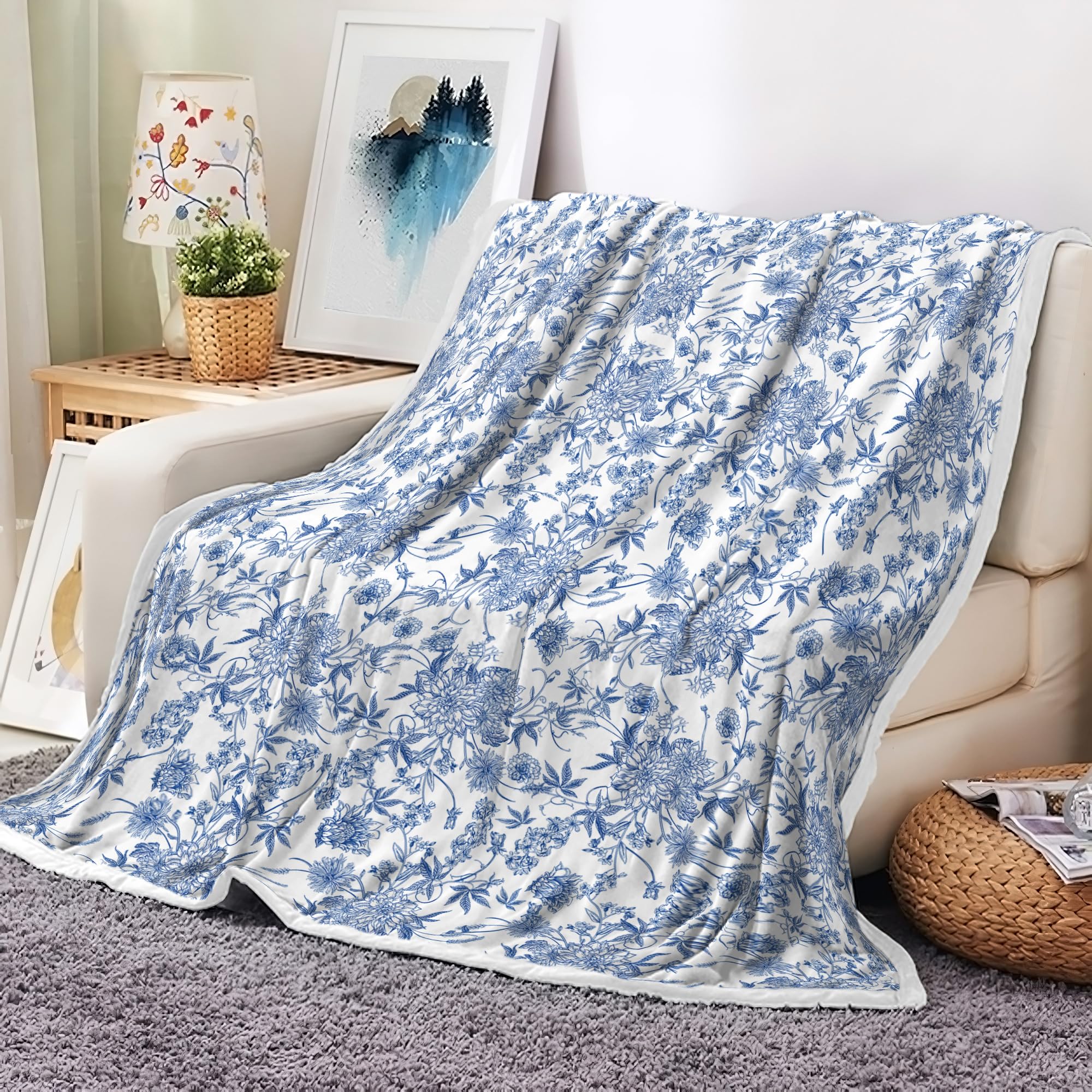 Floral Blanket Blue Floral Throw Blanket, Botanical Flowers Blankets, Soft, Flannel, Warm, Boho Flowers Bed Blankets All Season for Couch Bedroom