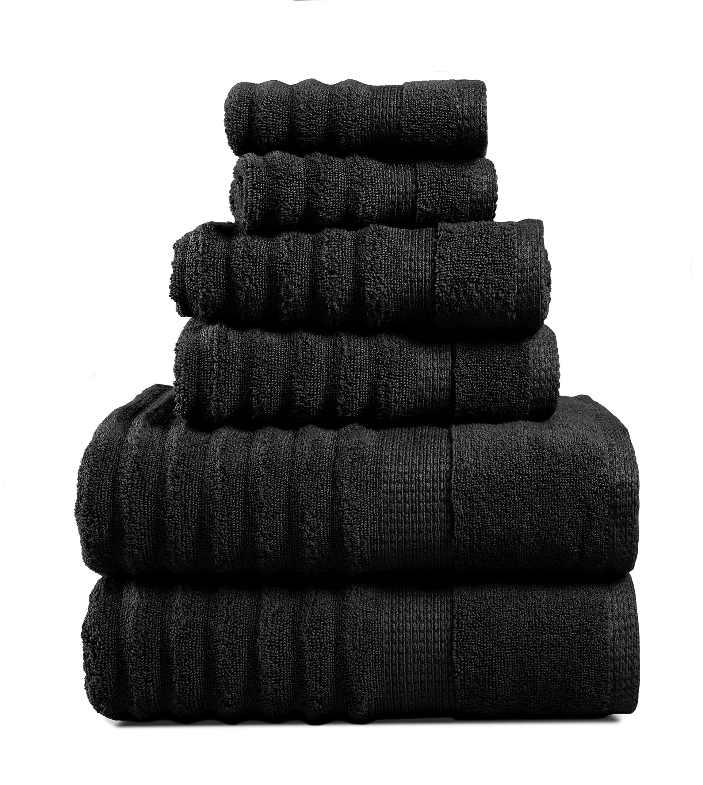 LANE LINEN Zero Twist Cotton Bath Towels - 6 Piece Set - Super Soft, Hotel Quality - 2 Bath, 2 Washcloth, 2 Hand Towels for Bathroom - Classy Look, Gentle on Skin, Ideal for Spa & Daily Use - Black