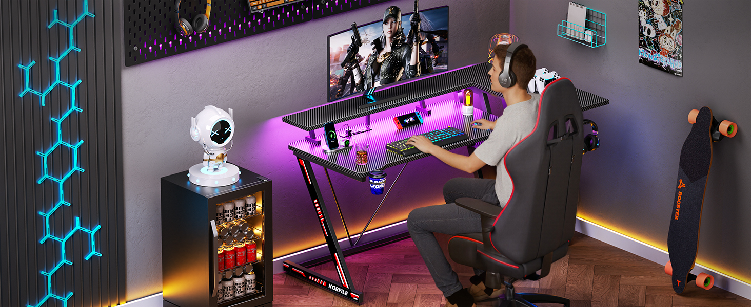 Amazon.com: Korfile 55 Inch Gaming Desk with Power Outlet & LED
