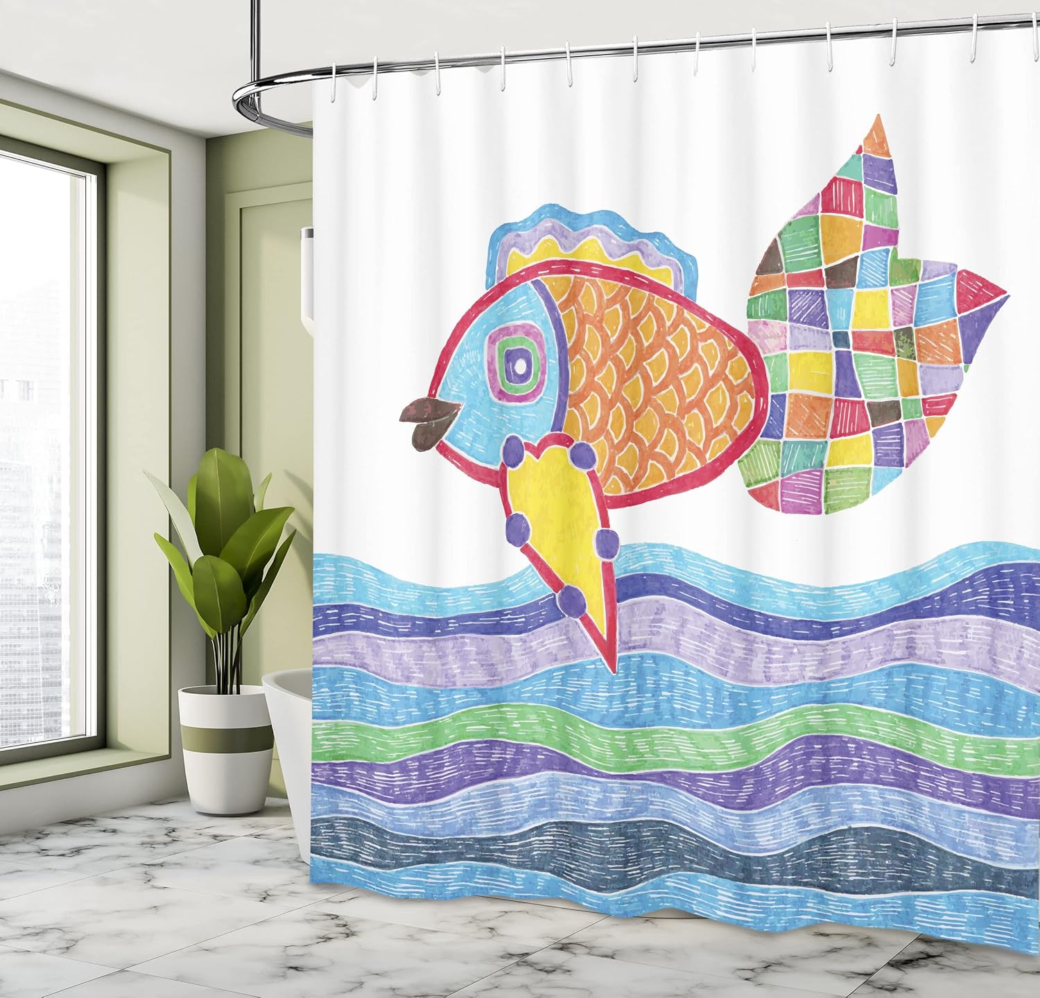 Ambesonne Fish Shower Curtain, Doodle Marker Pattern Scales and Squares on Wavy Ocean Colorful Illustration, Cloth Fabric Bathroom Decor Set with Hooks, 69" W x 70" L, Multicolor White