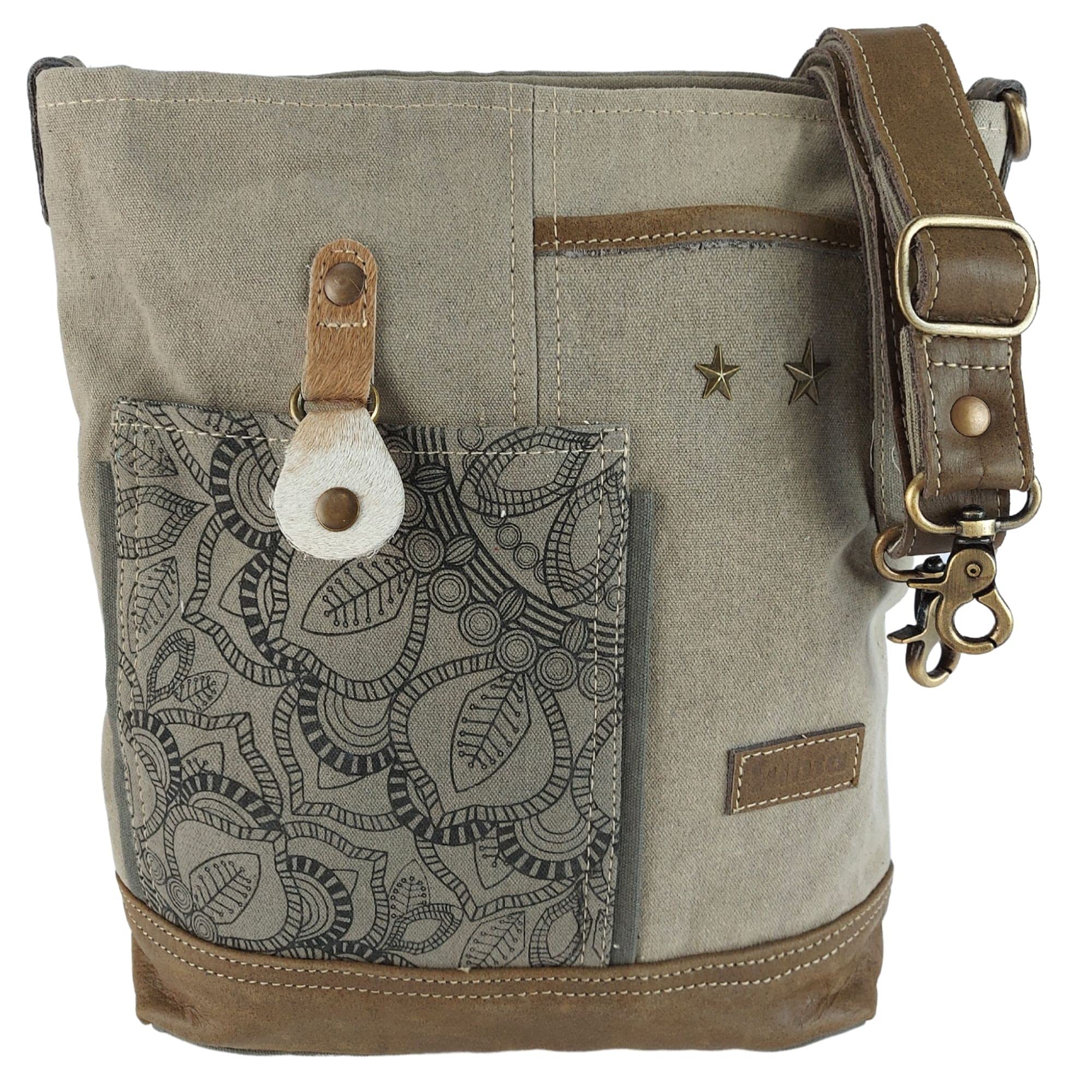SunsaWomen's Canvas & Leather Shoulder Bag Sustainable Products Large Vintage Style Shoulder Bag Canvas Bag with Mandala Design Crossover Handbag Khaki Green, Khaki-green, 34x34x10 cm, Retro