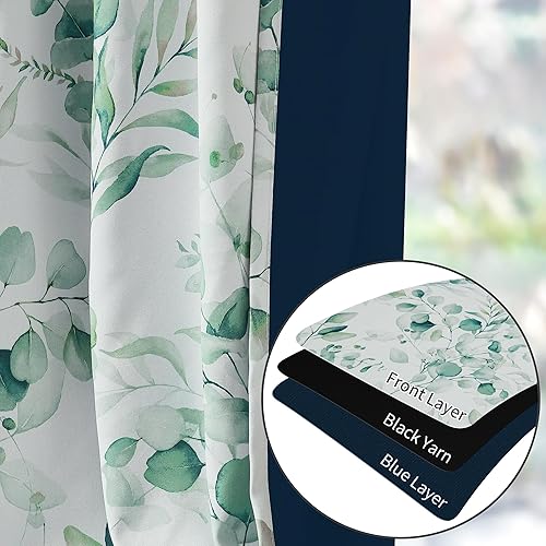 Miniatura 4 de Xwincel Cortinas 100% opacas con patrón floral verde, 84 pulgadas de largo para dormitorio, estampado de hojas de acuarela, cortinas con aislamiento