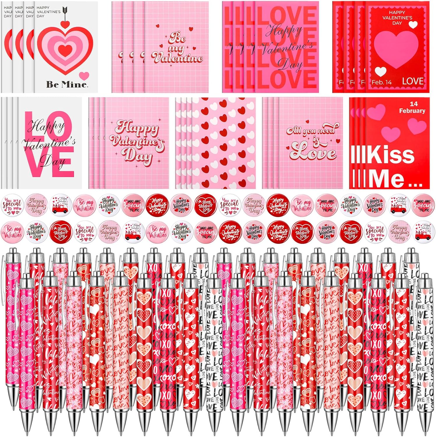 AmazingSpark 108 Pcs Valentine Day Pens Gifts Set Include Red Heart Ballpoint Pens Pin and Pocket Notebook Bulk Happy Valentine Party Favors for Students Teachers School Office Supplies