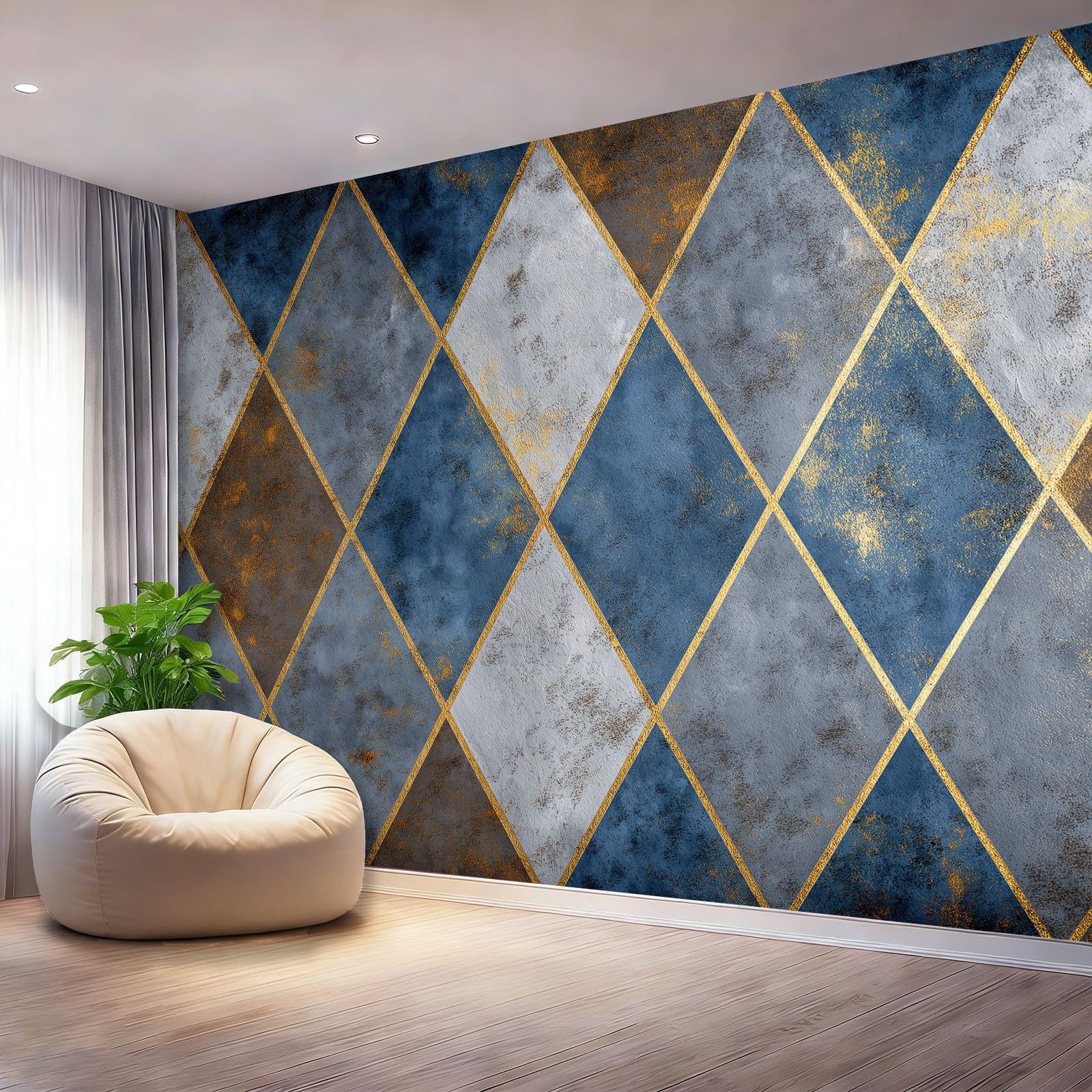 Tapeta 3D z włókniny geometryczna romb patchwork 400 x 280 cm tapeta dekoracja ścienna do salonu sypialnia niebieska