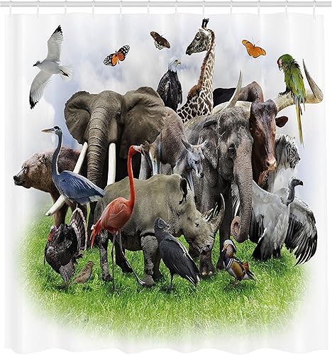 Miniatura 2 de Ambesonne Cortina de ducha de animales, imágenes digitales estilo collage imagen de criaturas salvajes de fauna zoológica, arte de tela de tela para