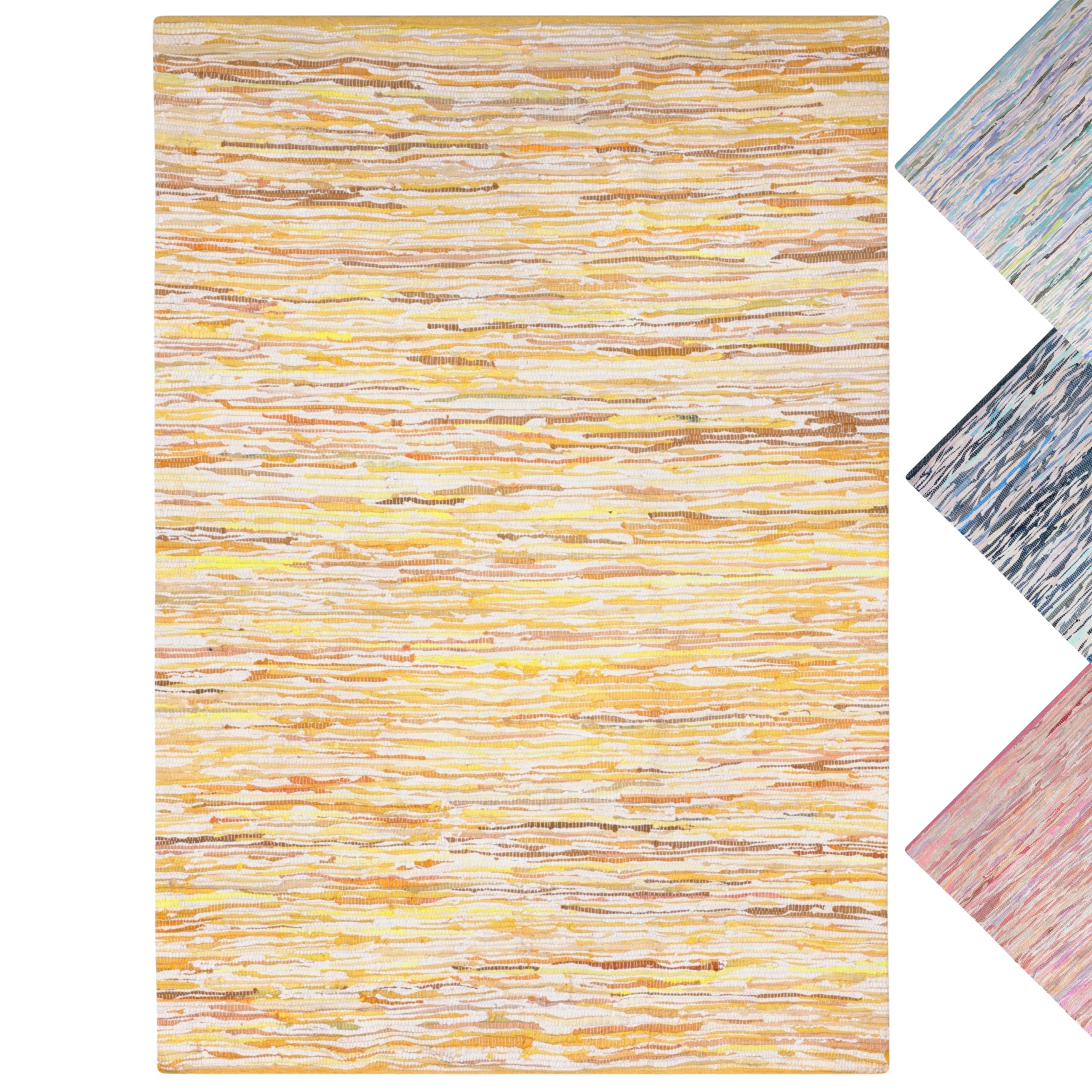 MY-RUG Handgewebter Baumwollteppich - Flickenteppich 140 x 200 cm - Gelb | Handgefertigter Fleckerlteppich aus recycelter Baumwolle, bunter Boho Teppich im Chindi-Stil, robust & wendbar