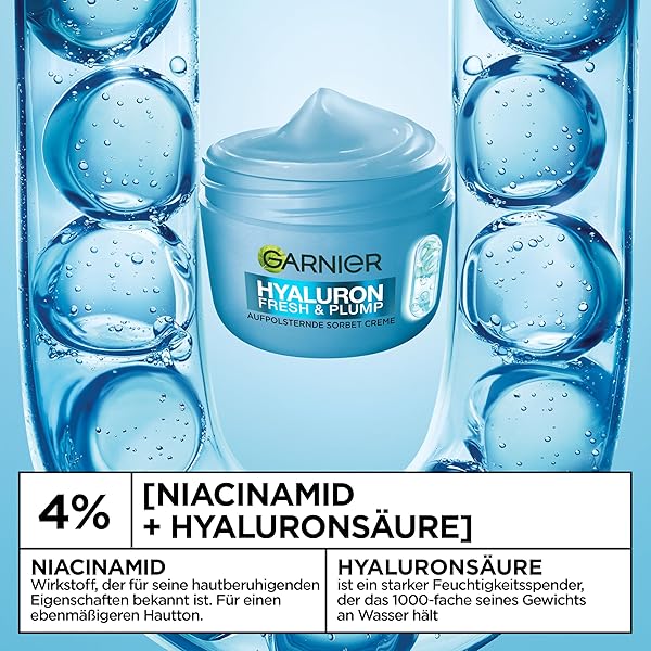 Garnier Hyaluron Fresh & Plump Aufpolsternde Sorbet Creme – Gesichtspflege mit Hyaluronsäure & 4% Niacinamid für prallere Haut – Feuchtigkeitscreme für glatteren & ebenmäßigen Teint – 50ml - 4
