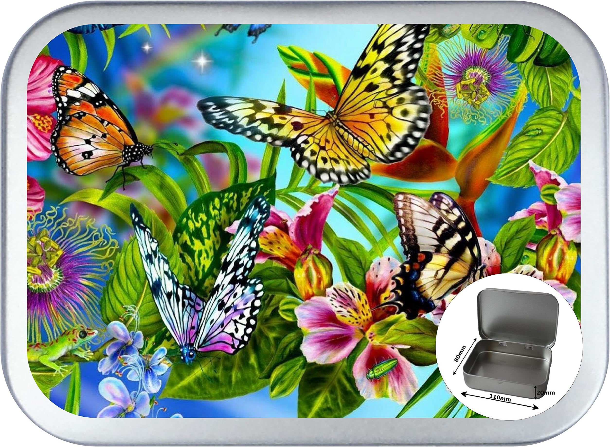 COLOURFUL BUTTERFLY 2oz SILVER HINGED TOBACCO TIN, 150 ML PILL BOX, BACCY STORAGE TIN