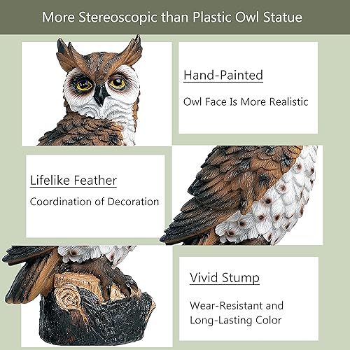 Miniatura 3 de Señuelo de espantapájaros falso, búho de resina, disuasorio de pájaros, escultura de búho con cuernos para patio al aire libre, césped, patio, 10