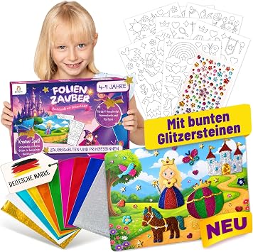 SpielLieb® Folienspaß – Folienzauber Bastelset Kinder 4 Jahre Foil Art Glitzer Bastelset Mädchen 4 5 6 7 8 9 Jahre – Bastelset Kinder Mitgebsel Kindergeburtstag DIY-Aktivität Prinzessinnen