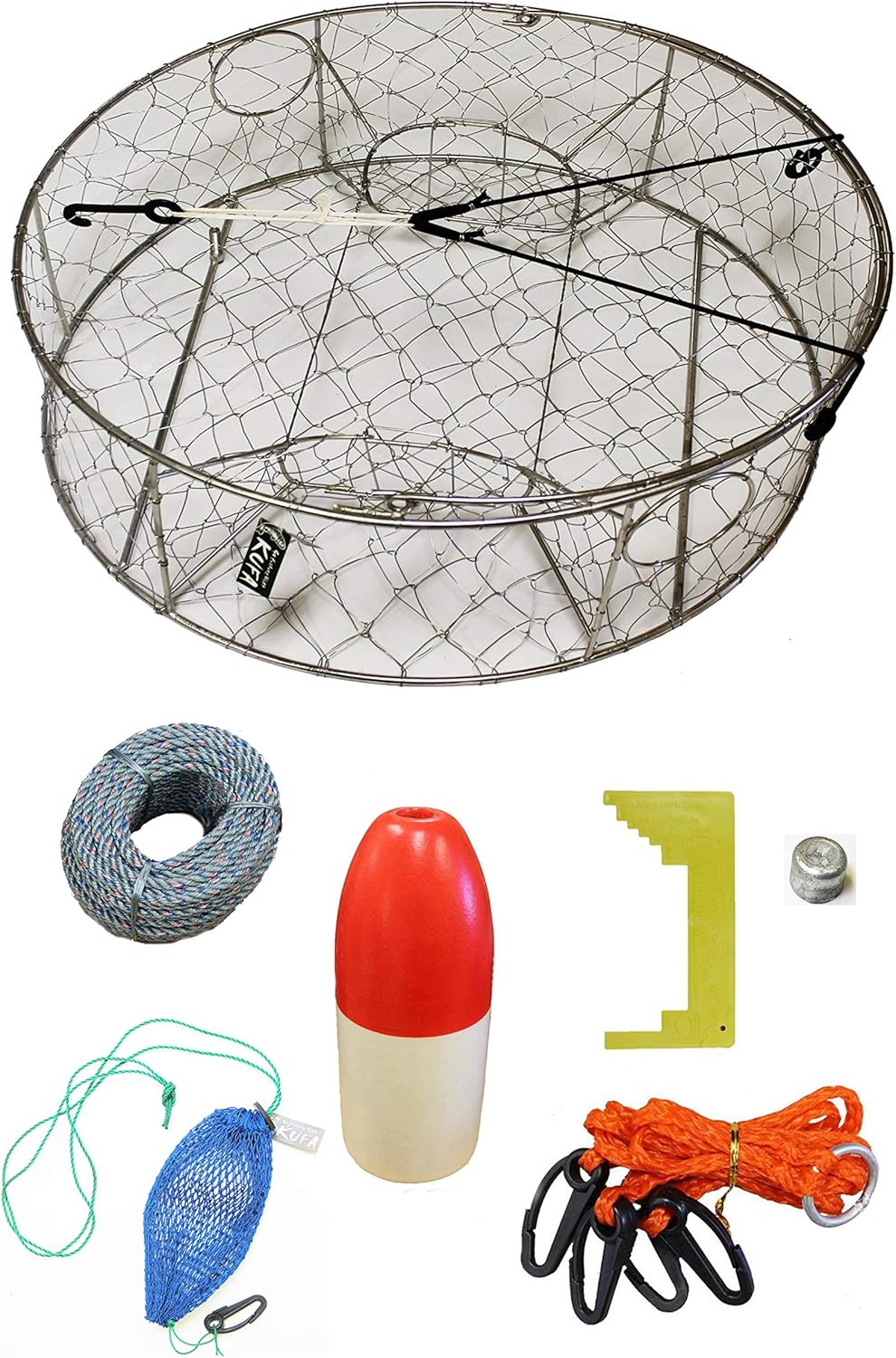 KUFA Stainless Steel Crab Trap with Zinc Anode & Accessory Kit (100' Lead CoreRope, Caliper,Harness,Bait Case & 11" Red/White Float) CT100+CAC14+ZIN1