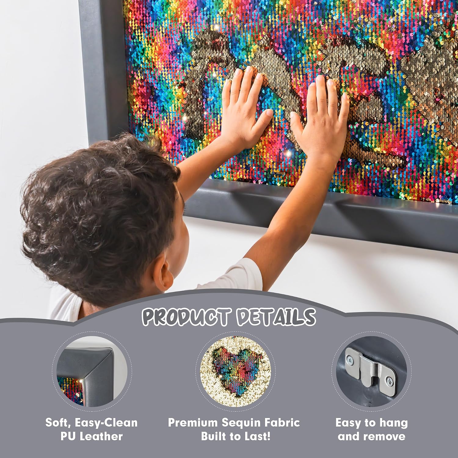 Extra Wide Sensory Wall Sequin Panel, 33"x33" Large Square Reversible Sequin Fabric Board with Soft Padded Frame, Calming Sensory Play for Kids, Therapy, Daycare, School and Home Use (Grey Frame)