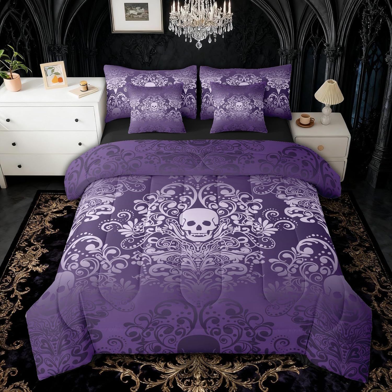 Feelyou Adults Gothic Moth Skull Bedding Set Queen Size Goth Dark Olive Green Vintage Damask Floral Comforter Set 7 Pieces Oriental Antique Comforters Bed in a Bag