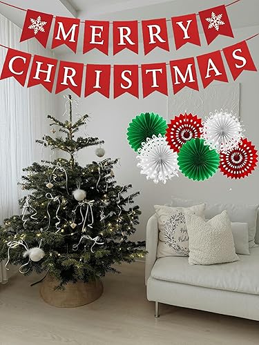 Miniatura 3 de Juego de decoraciones para fiesta de Navidad – Letrero de Feliz Navidad, guirnalda de borlas rojas, verdes y blancas, abanicos de papel y adornos