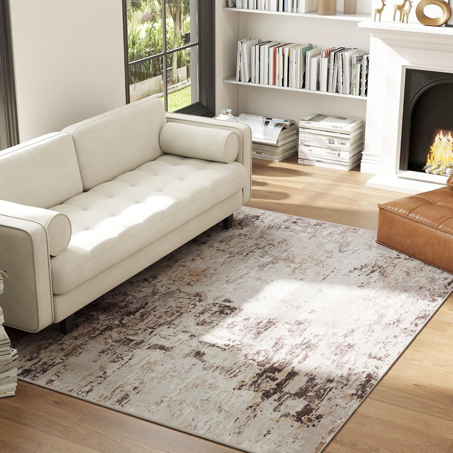 HOMCOM Area Rug 4x6, Machine Washable Rug, Distressed Non-Slip Modern Abstract Floor Cover Foldable Carpet for Living Room, Bedroom, Dining Room, Mixed-Brown