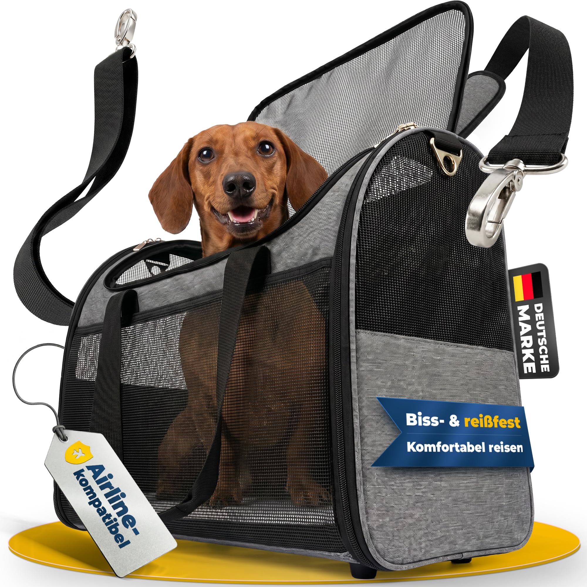 Transport Bag Dog & Cat Aeroplane 55 x 40 x 23 [Foldable & Scratch-Resistant] Carry Bag up to 15 kg, Flight Bag Airline Dimensions, Transport Box & Cat Bag with Suitcase Holder, Breathable, Fixed Base