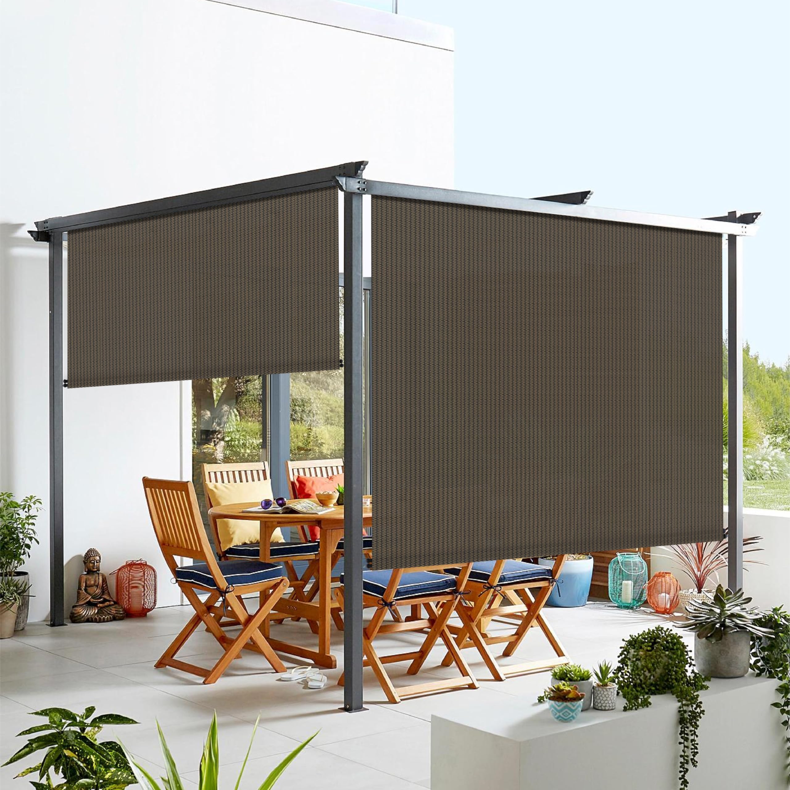 Windscreen4less Exterior Roller Shade Blinds Roll Up Shade Privacy Screen for Pergola Balcony Patio Porch Deck Carport 8’ W x 6’ L Brown