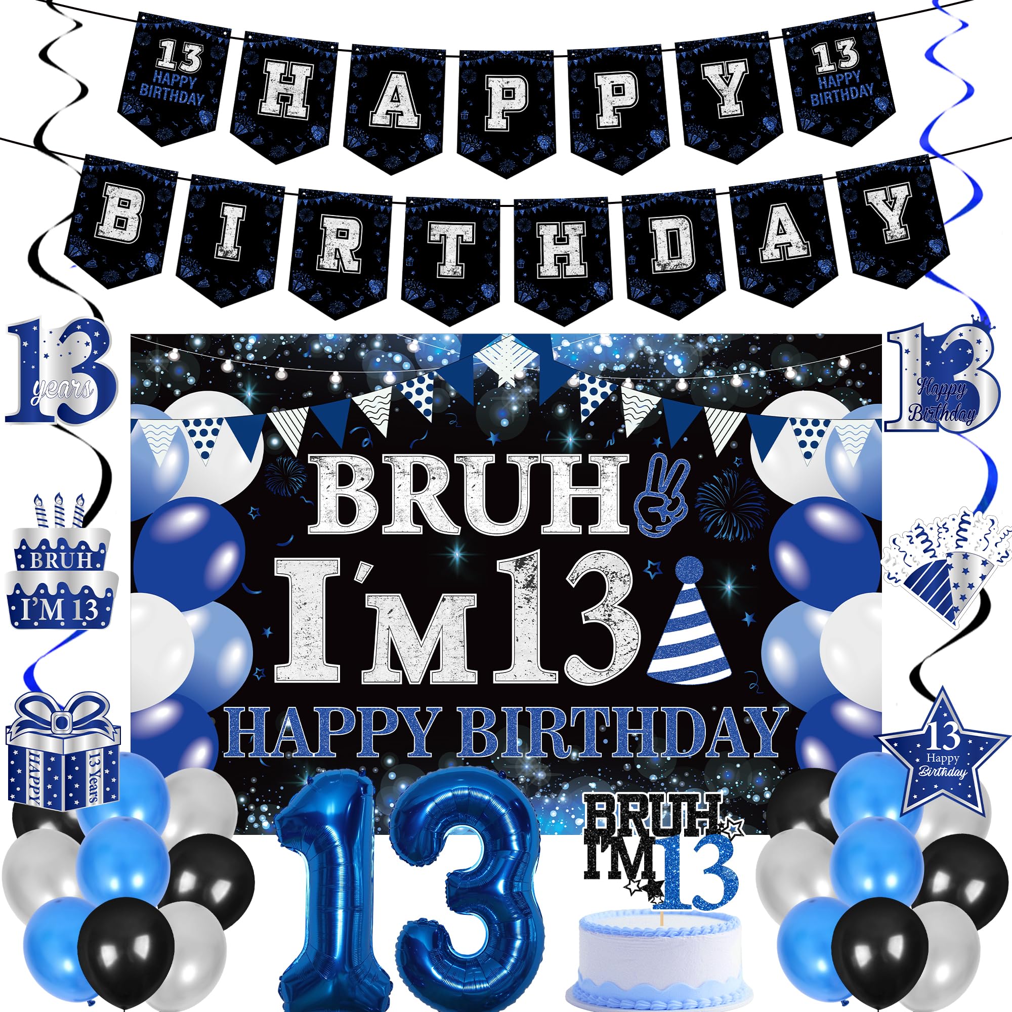 13th Birthday Decorations Banners Boys - 30 Pcs Black and Blue Happy Birthday Banner Set Bruh I'M 13 Background Curtain Number Foil Balloons Cake Topper Hanging Swirls for 13 Years Old Boy Party Decor