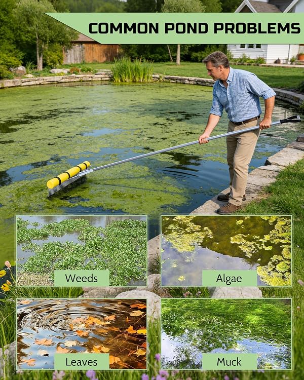 Pond Rake, 36" Floating Rake with 8.5ft (102in) Extension Handle & 52ft Rope, Aluminum Aquatic Weed Rake for Lake, Heavy Duty Landscape Rake for Algae, Muck & Debris Removal, 2-in-1 Water & Land Tool by Subtoy - Image 2