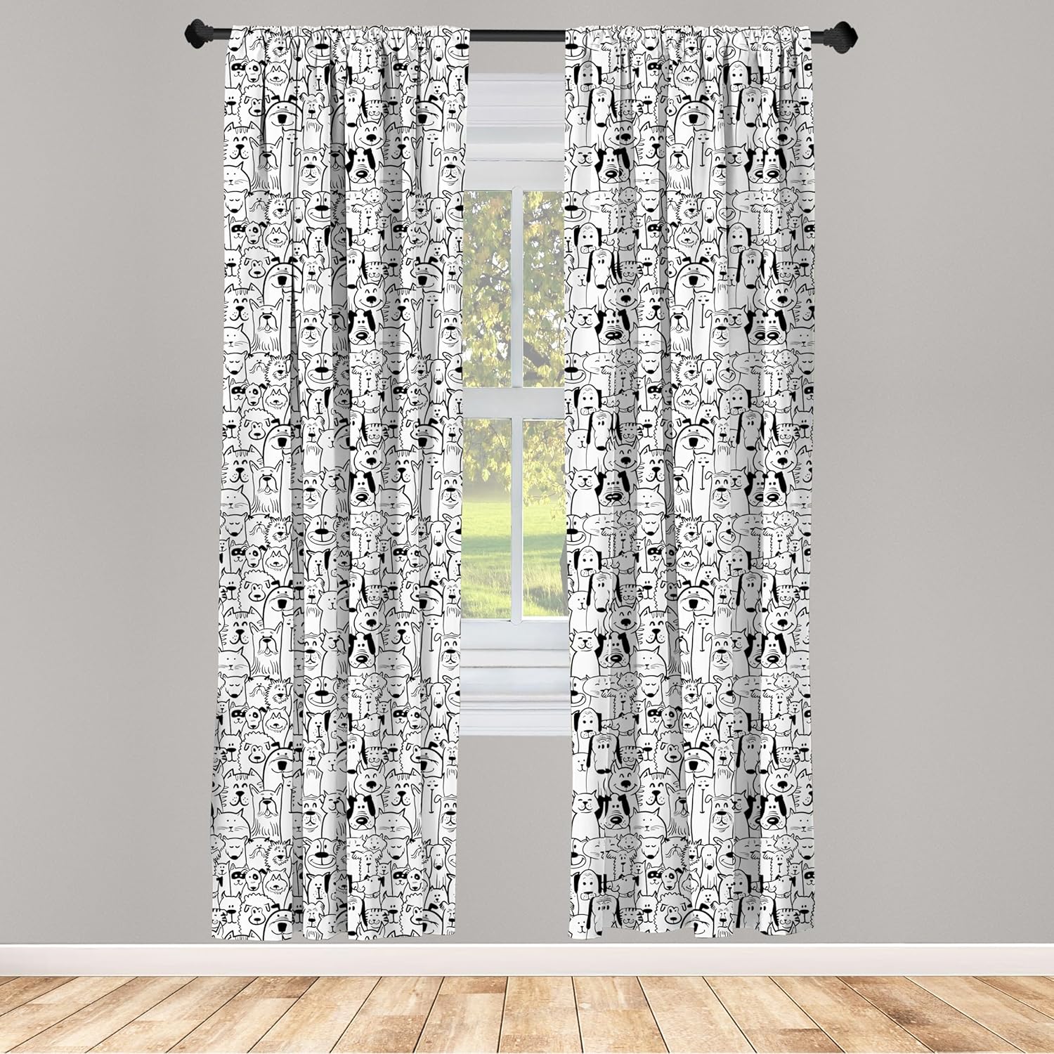 Ambesonne Dogs Curtains, Monochrome Doodle Art Composition with Cheerful Animals Smiling Pet Faces, Window Treatments 2 Panel Set for Living Room Bedroom, Pair of - 28" x 95", Charcoal Grey and White