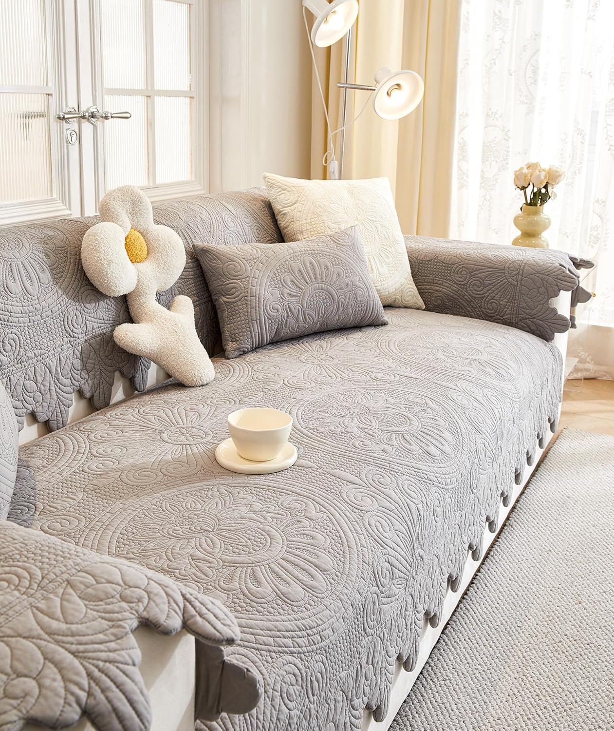 Luxury Vintage Cotton Embroidery Sofa Cover 3D Floral Textured Boho Seat Cushion Cover Quilted Sectional Couch Cover Anti-Slip Sofa Slipcovers Furniture Protector for Pet Dog (Grey,36"x36")