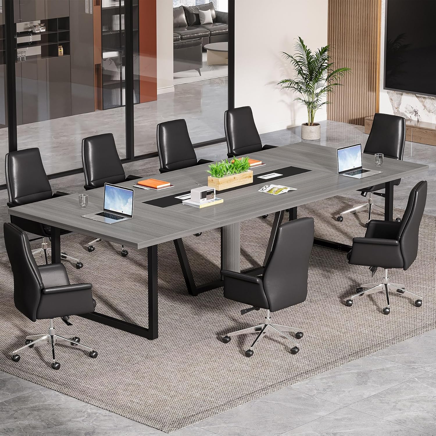 Tribesigns 8FT Large Conference Table for 10 People, Industrial 94.5-Inch Meeting Table with Two Grommets, Rectangular Podcast Training Table for Home Office, Studio, Business, 2 PCS
