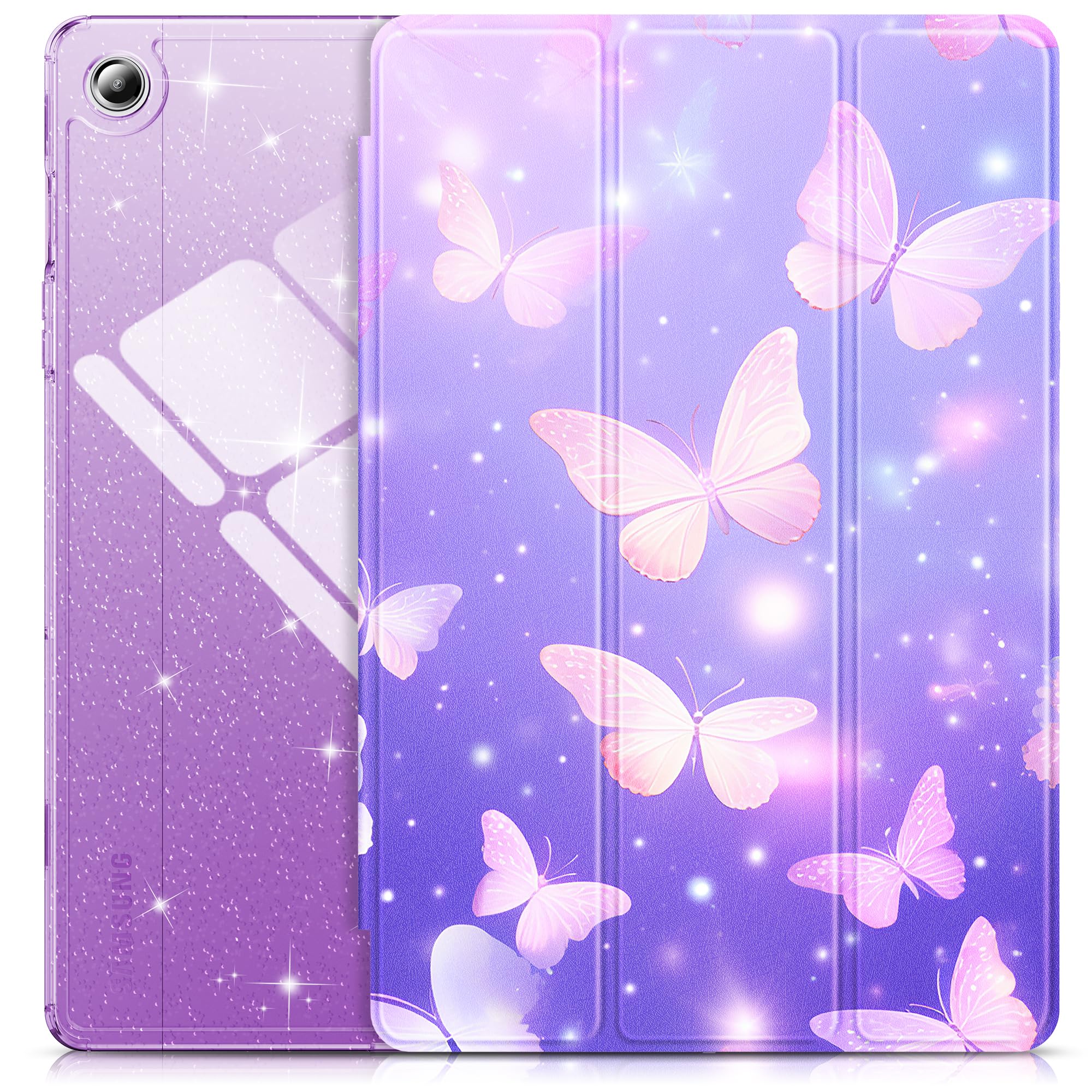 INFILAND Galaxy Tab A9 Plus 5G Case, Glitter Leather Cover with Sparkly Clear Back for Samsung Galaxy Tab A9 Plus 11 Inch 2023 Model (SM-X210/X216/X218)[Auto Wake/Sleep] for (Purple Flutter)