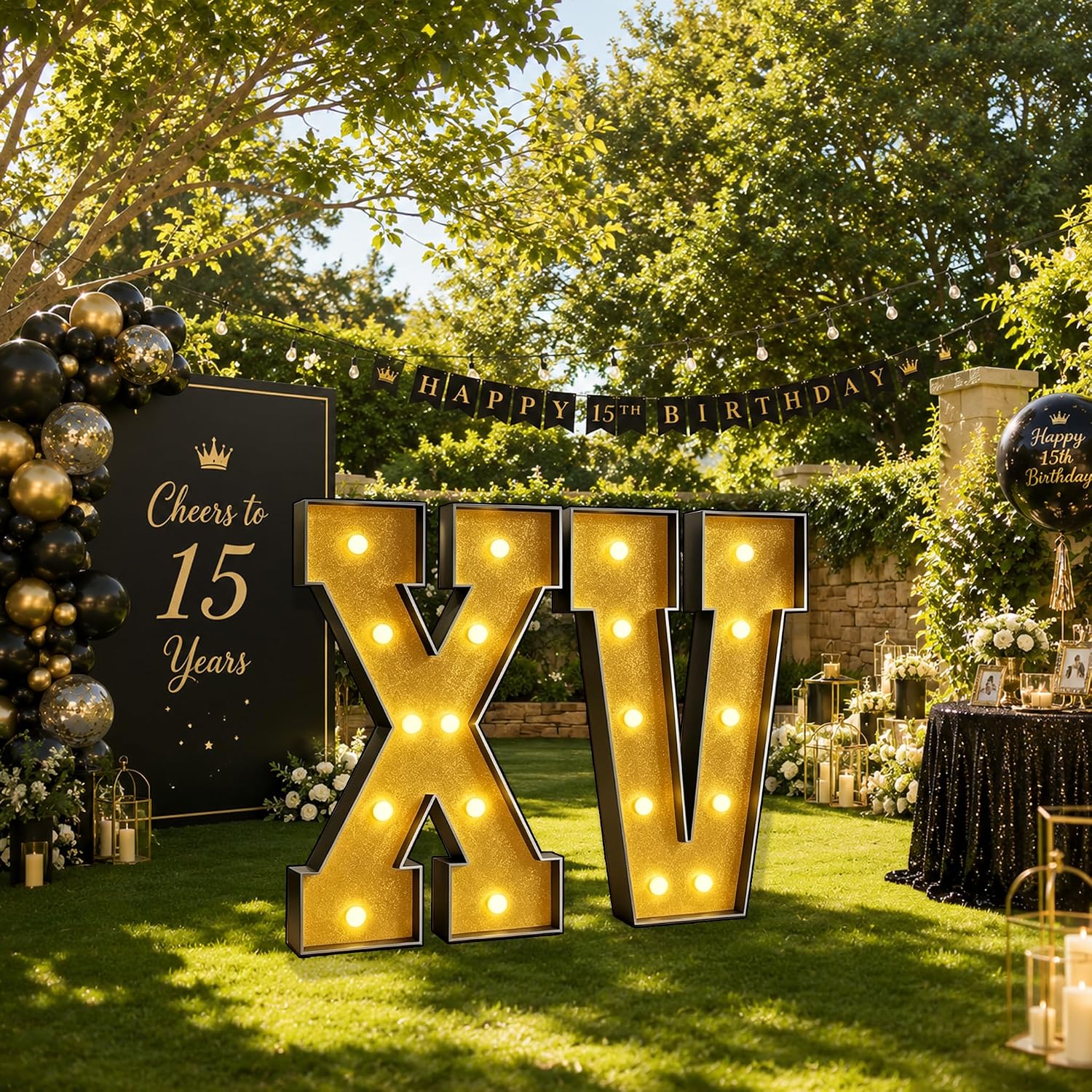 3FT and 4FT Black Gold Sparkling Powder XV (15 years old) Birthday Party Decoration Letter Light, two sizes, suitable for male and female adult etiquette anniversary celebration background sponge card communication, high-end party decoration (3FT)