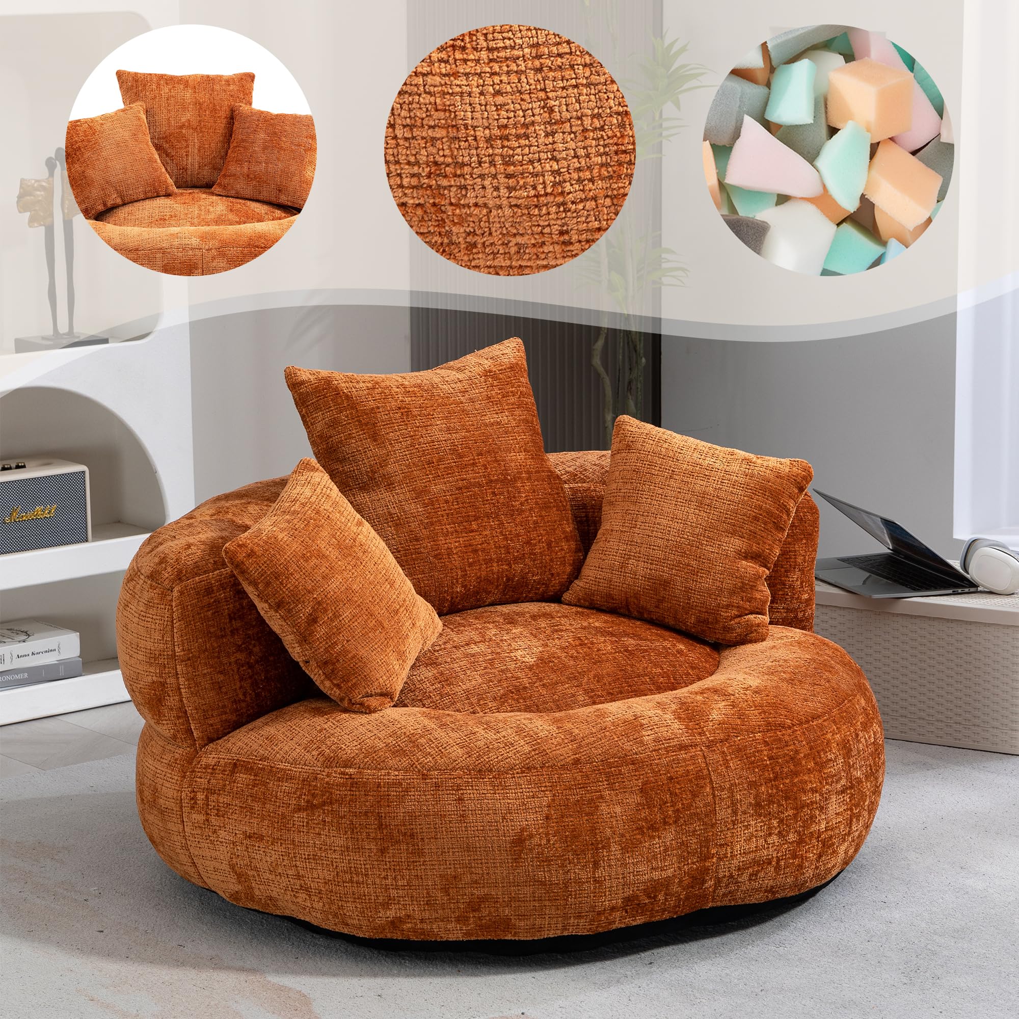 Lazy Sofá de chenilla con respaldo alto, puf con 3 cojines, sillón grande para adultos y niños, silla de juegos suave para salón, dormitorio y oficina, color naranja