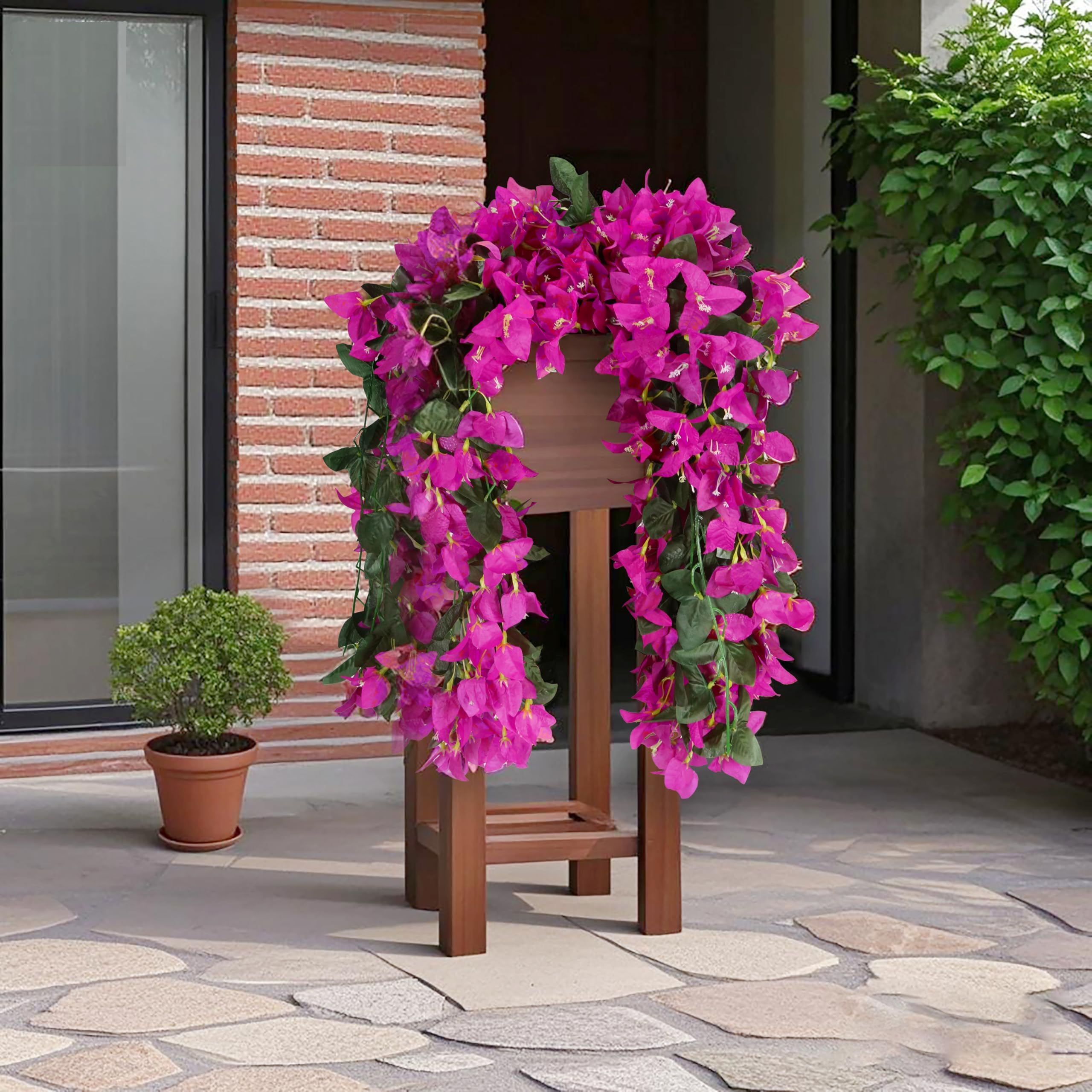 Flores artificiales de buganvillas para decoración al aire libre, 2 vides de seda sintética, guirnalda colgante de buganvilla resistente a los rayos UV para porche delantero, balcón, maceta