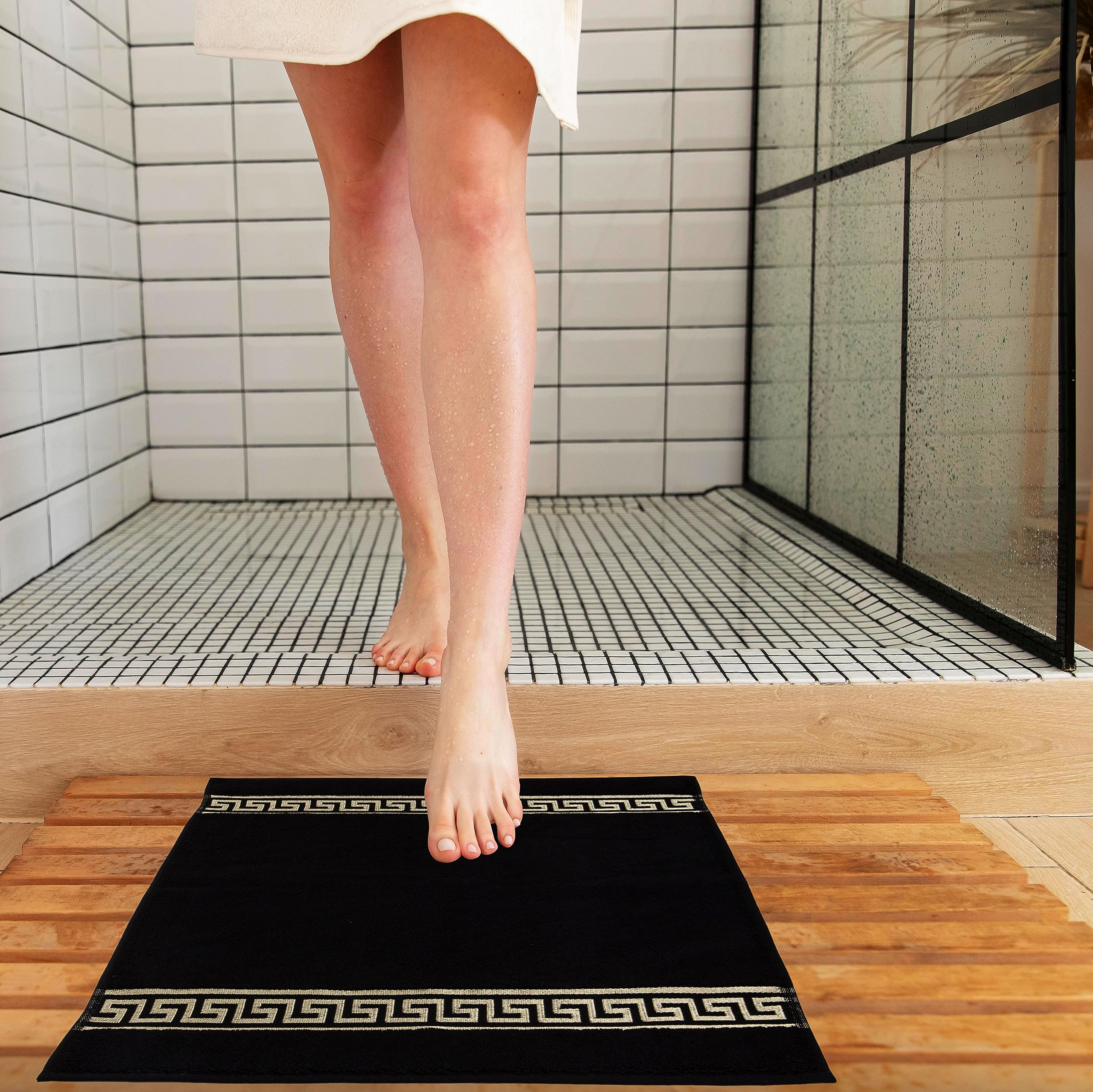 Alfombrilla de baño de algodón en color beige, negro, blanco, dorado, con diseño de meandros (negro, juego de 2 unidades – 50 x 90 + 50 x 60)