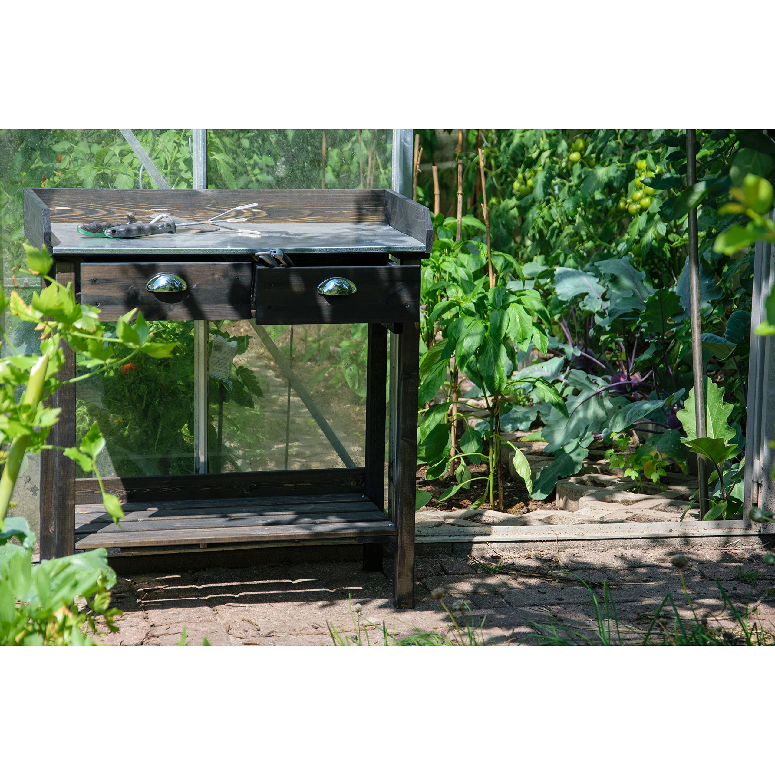 dobar® Design Pflanztisch mit 2 Schubladen | Gärtnertisch mit Ablageboden | Umtopftisch aus massivem Fichtenholz | Blumentisch für Garten/Terrasse/Balkon | 79 x 39 x 90 cm | Schwarz