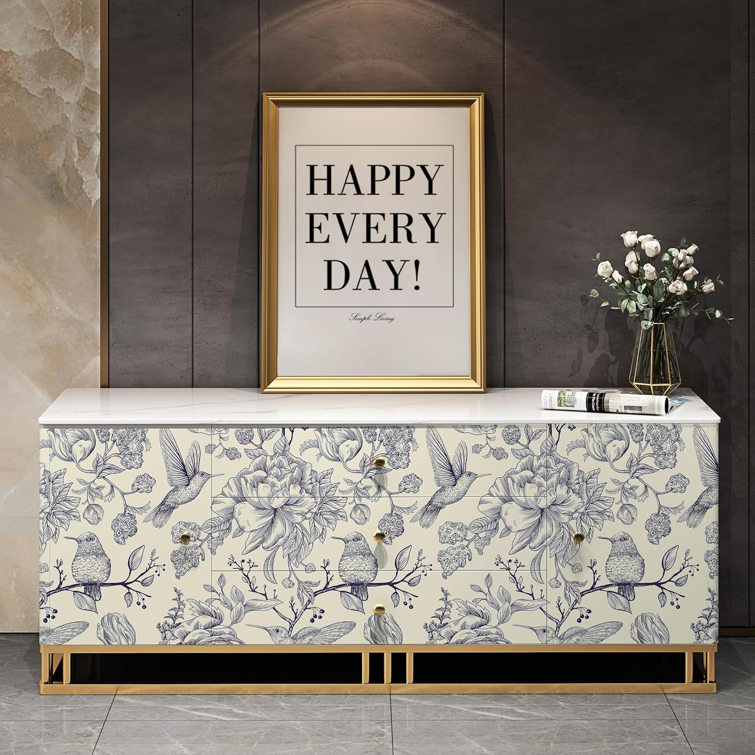 CHIHUT Vintage Hummingbird Peel and Stick Wallpaper 17.7”x236” Removable Waterproof Rose Floral Wallpaper Wall Mural Wall Decor Self Adhesive Botanical Contact Paper for Living Room Bedroom Cabinets