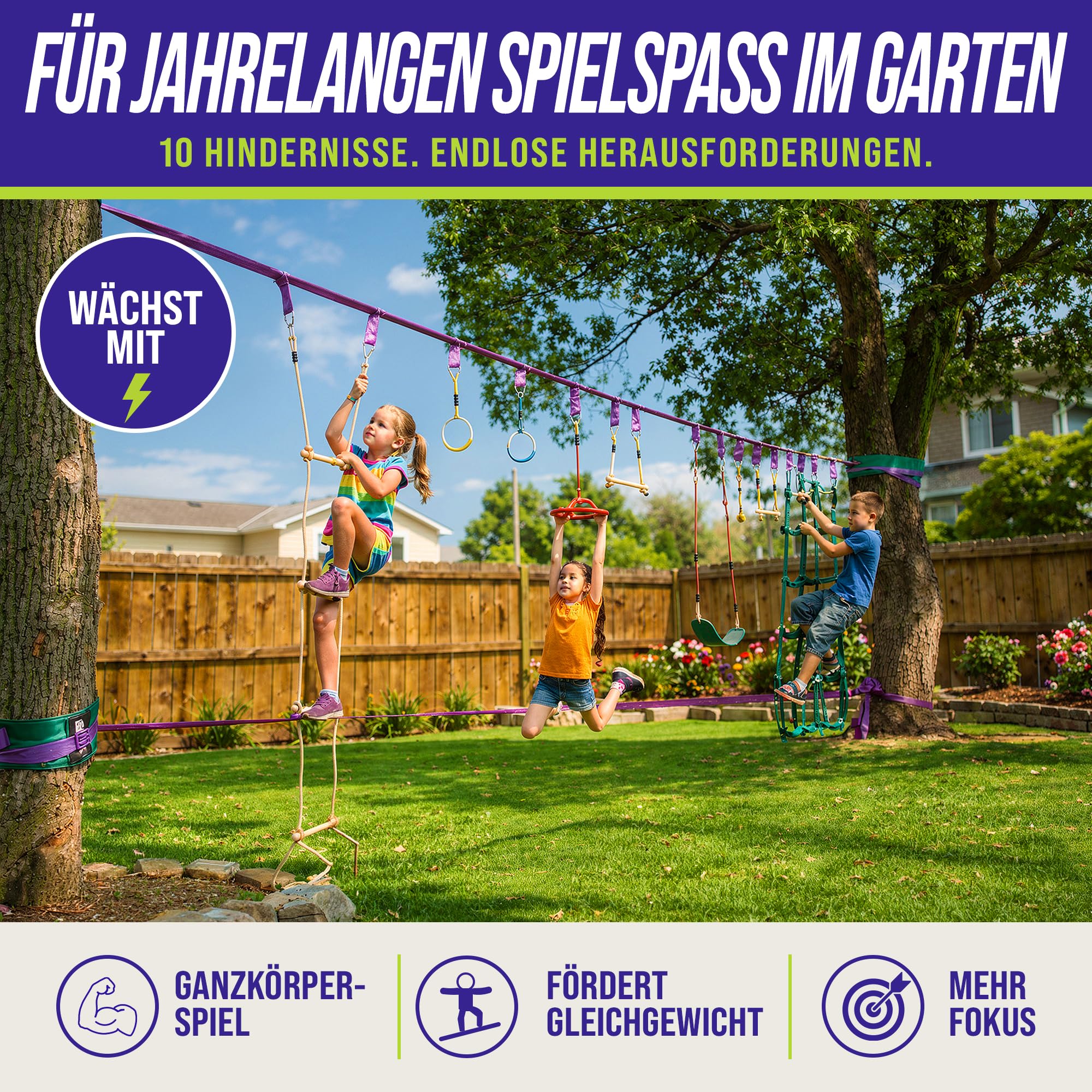 Trailblaze Ninja Warrior Hindernisparcours für Kinder – Fitnessgerät für den Garten mit 2 x 16,8 m Slacklines und 10 wetterfesten Hindernissen – Ninja Parcours für draußen
