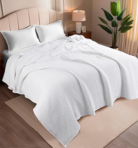 Miniatura 4 de Mantas de 100 % algodón tamaño King, manta de punto gofre, ligera y transpirable, adecuada para primavera y verano, (blanco, 90 x 108 pulgadas)