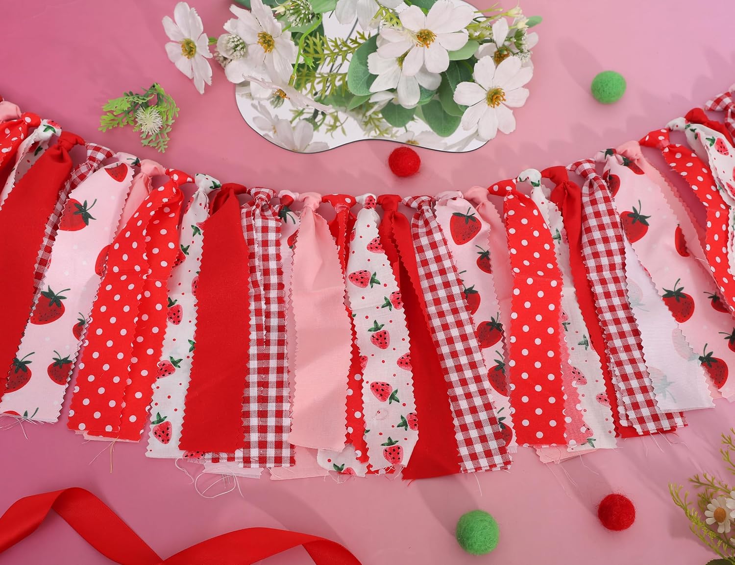 Strawberry Theme Birthday Banner/Garland - Strawberry Decorations Banner For Baby Shower,Berry Fabric First Birthday High Chair Bunting For Boy,Wall Hanging, Nursery Decor