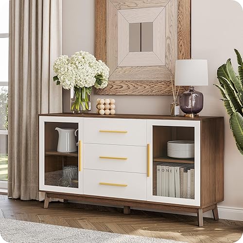 BELLEZE Armario de buffet con 3 cajones y 2 puertas mesa de consola para cocina gabinete de almacenamiento de vidrio barra de café gabinete de