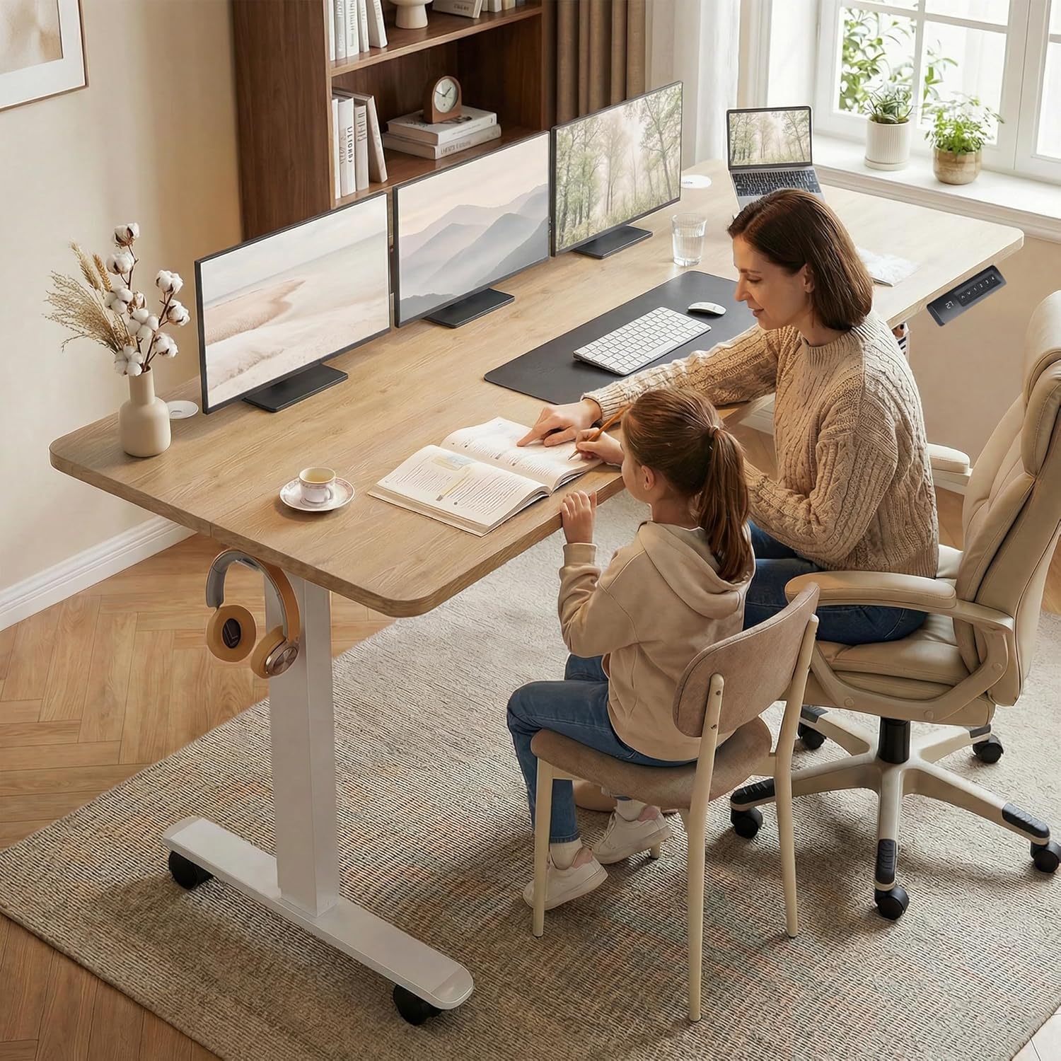 Electric Adjustable Standing Desk with Wheels, 63'' x 24''Sit Stand Desk with Dual Crossbeam Structure and Mouse Pad, 27''-46'' Lifting Range Stand up Desk(Oak)