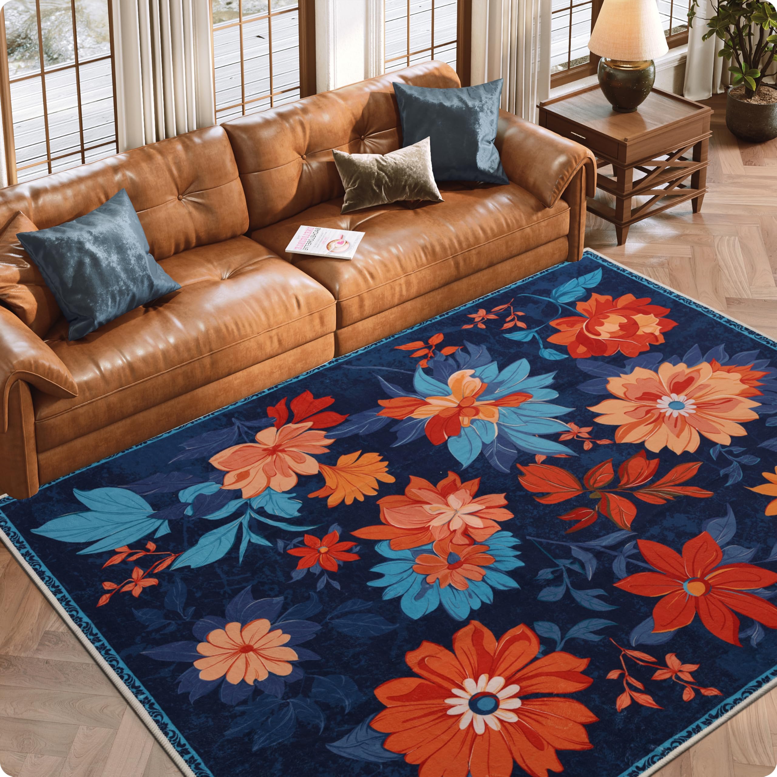 Clemile Floral Area Rug 5x7 - Non-Slip Washable Rug Living Room Carpets - Soft Stain Resistant Rug for