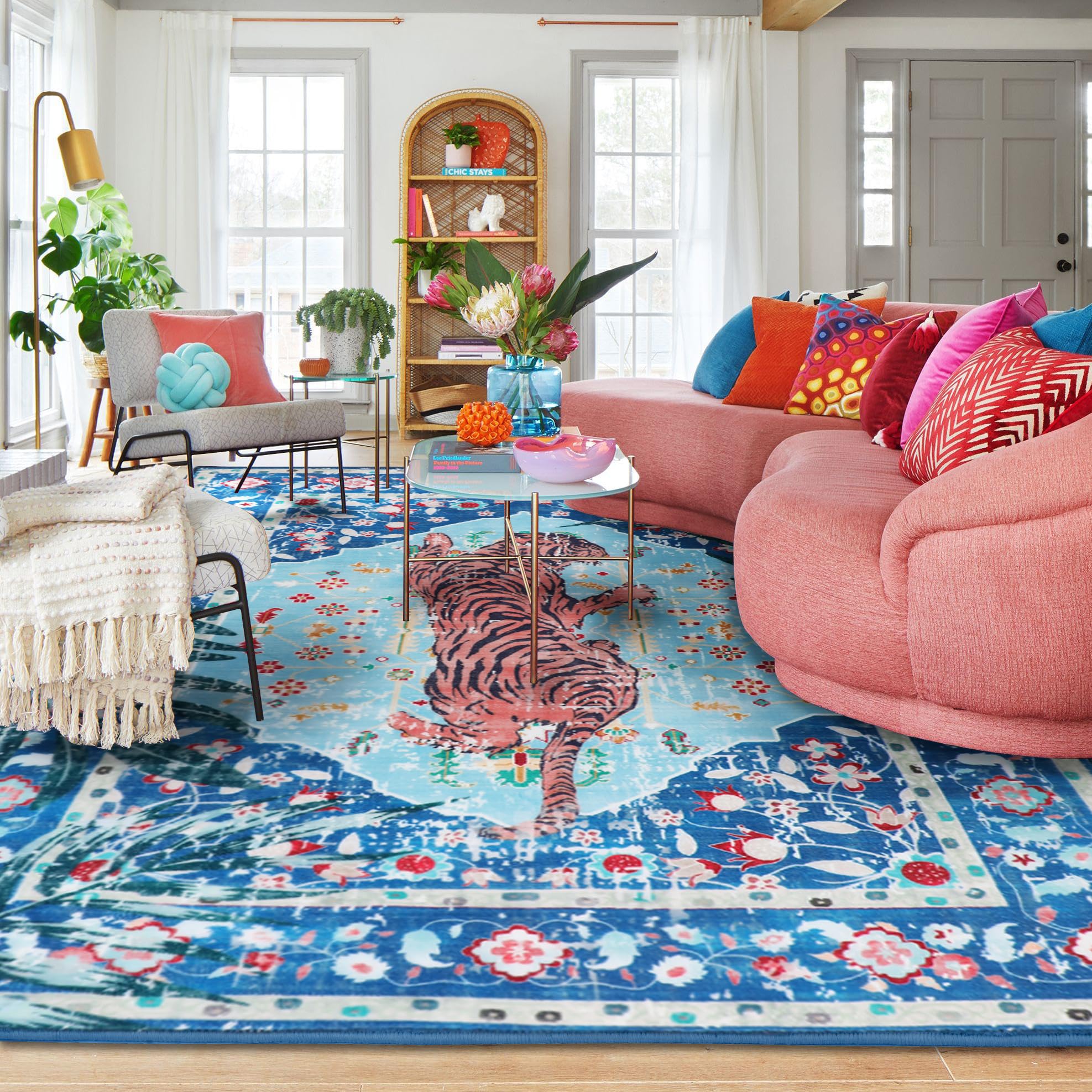 5x7 FT Leopard Rug for Living Room Leopard Vintage Animal Rug Aesthetic Pink Rugs for Girls Room Nursery Bedroom Home Office Dorm Thin Bright Magenta Carpet (Blue, 5X7 FT)