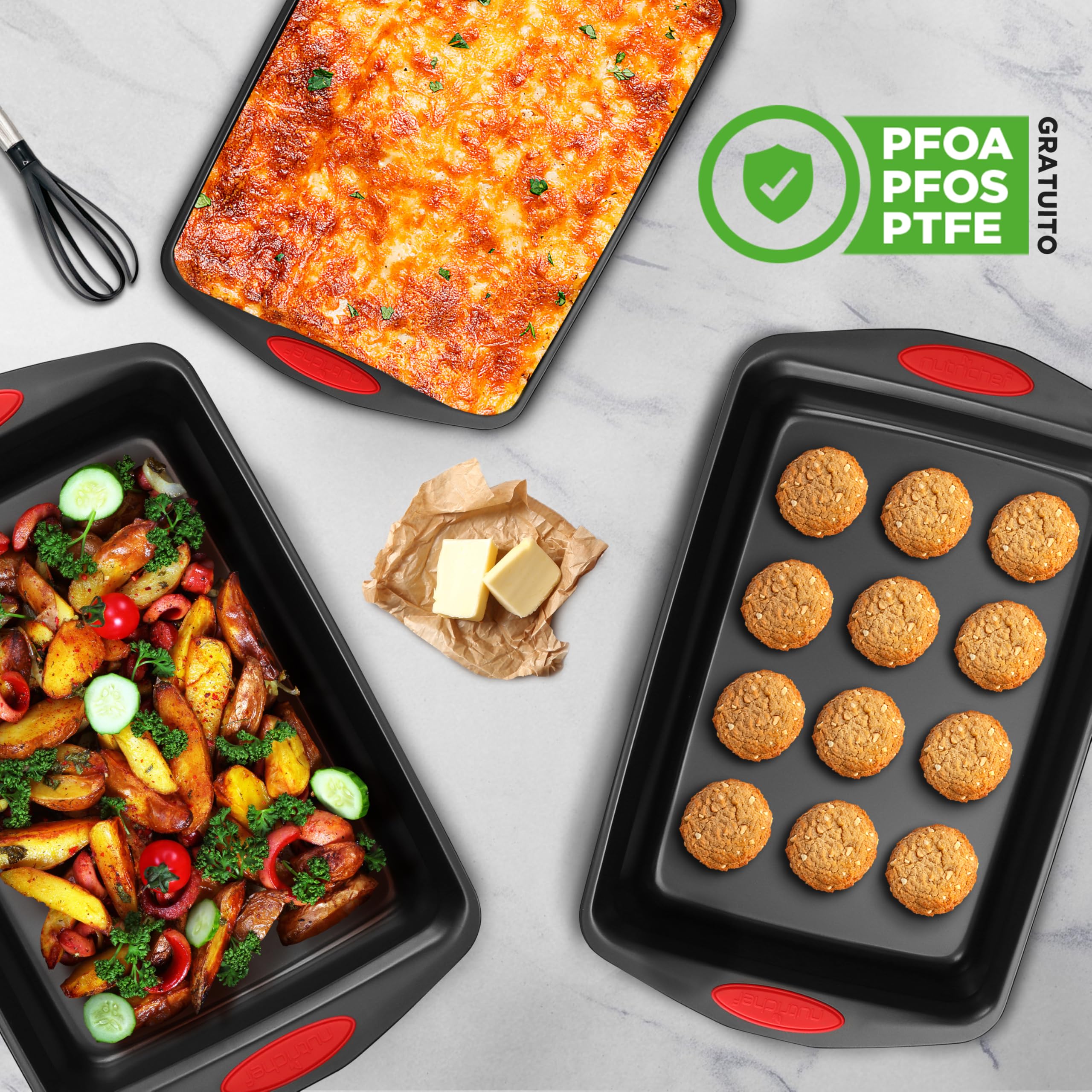 NutriChef 3 Pezzi Teglie Forno Antiaderenti in Acciaio Carbonio, Teglie da Forno per Biscotti, Dolci e Pane, Facili da Pulire, Distribuzione Uniforme del Calore