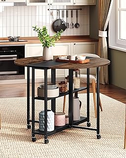 Folding Dining Table, Kitchen Table with 6 Wheels, Folding Round Table w...