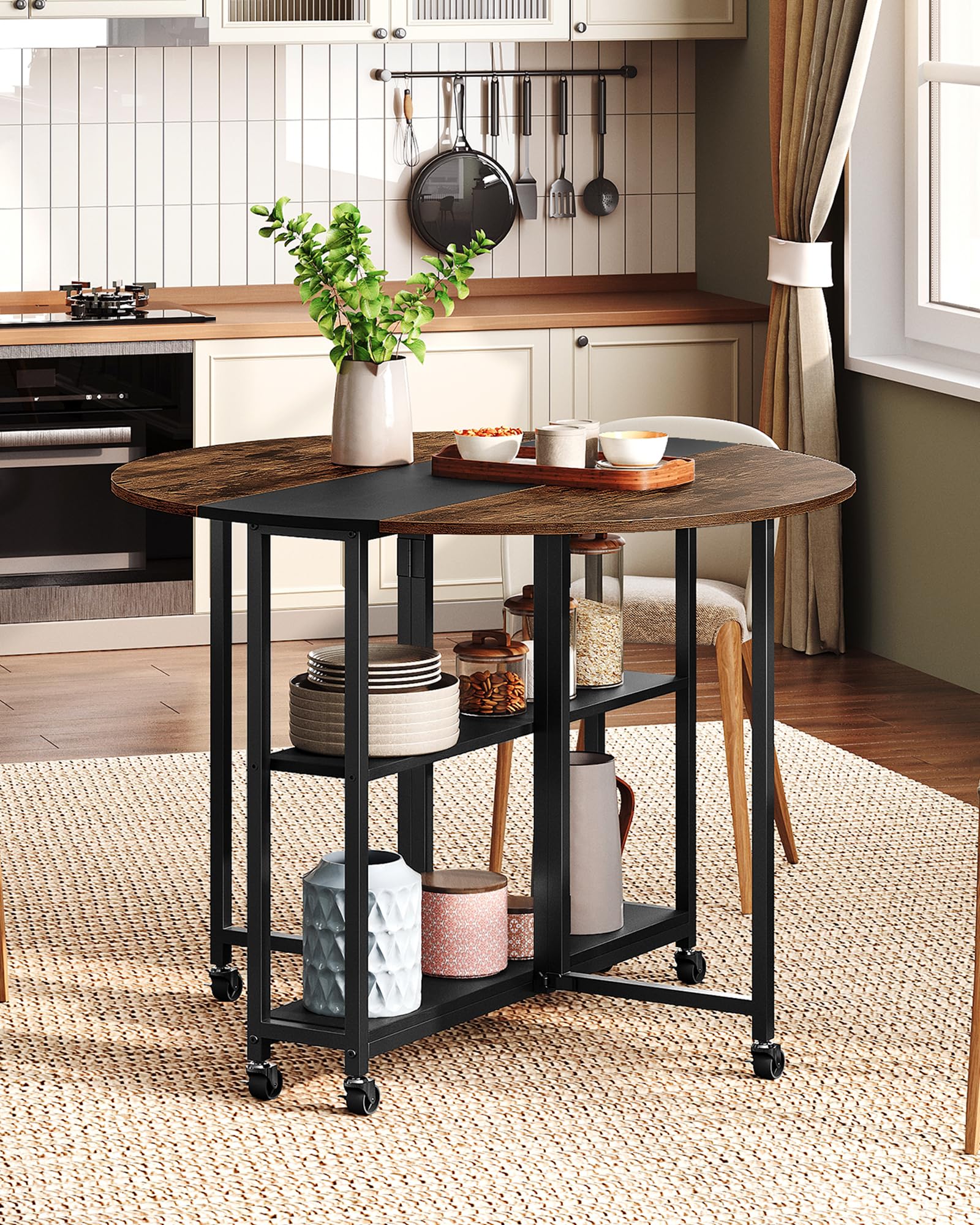 Folding Dining Table Kitchen Table with 6 Wheels Folding Round Table with 2-Layer Storage Shelf Space Saving Dining