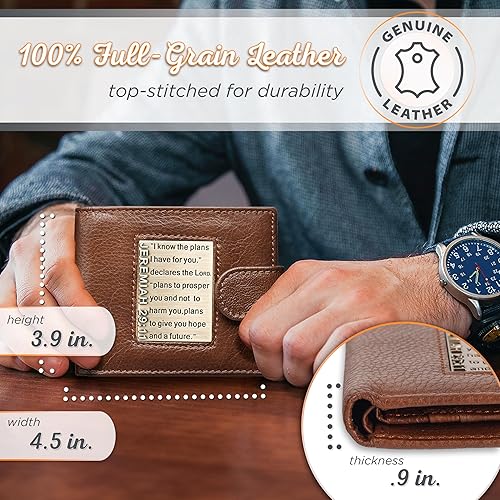 Miniatura 3 de Christian Art Gifts Carteras de cuero genuino de grano completo con bloqueo RFID para hombres, diseños plegables y triples, muchas ranuras para