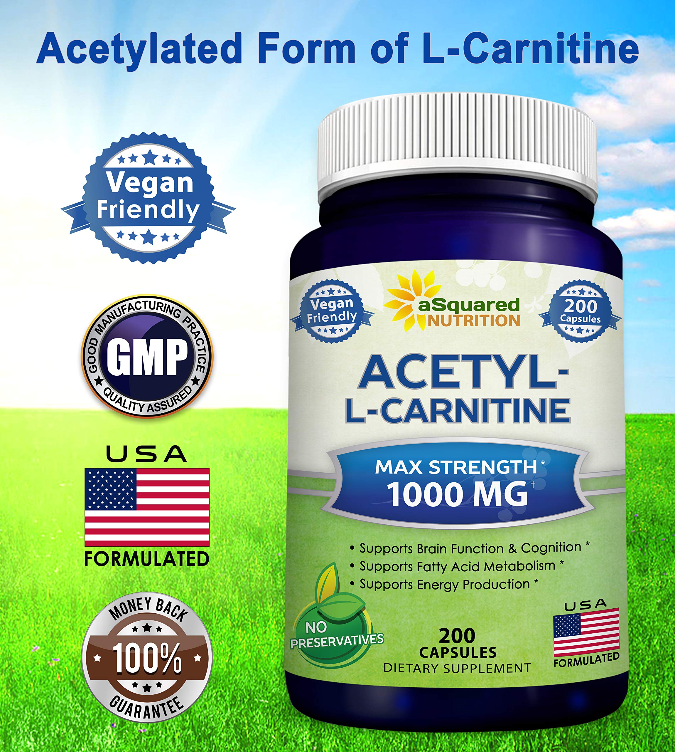 Acetyl LCarnitine 1000mg Max Strength 200 Veggie Capsules High