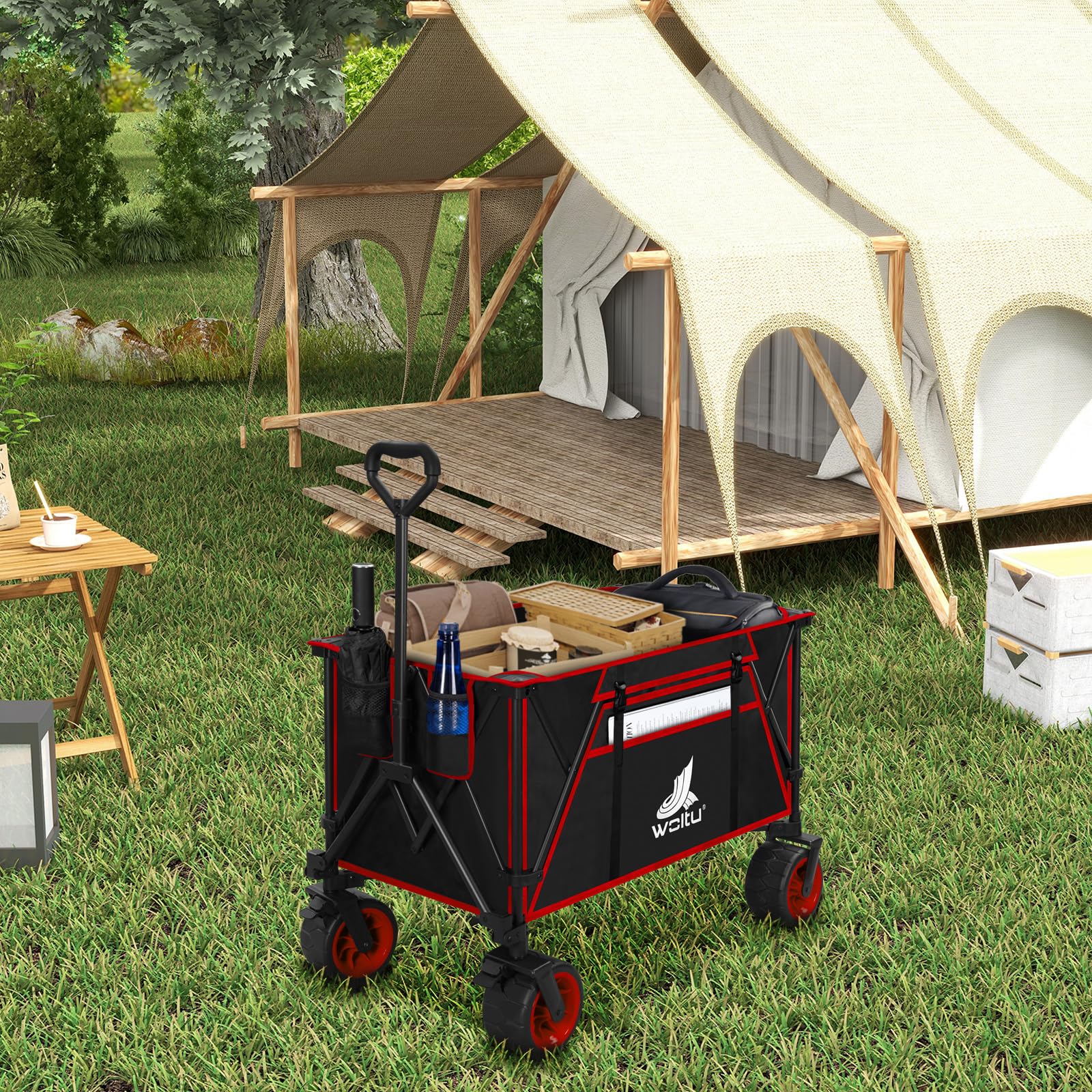 WOLTU Carrello Pieghevole con Ruote da Spiaggia, Giardino, Campeggio, Viaggio, Spesa, con Borsa di Trasporto, Oxford+Acciaio, Nero+Rosso