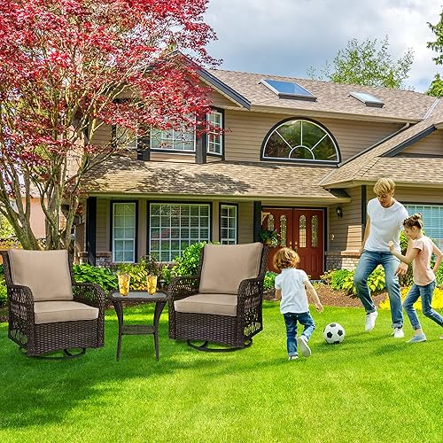 Miniatura 2 de Amyove Juego de sillas giratorias para patio al aire libre, juego de 3 piezas de mimbre para patio con cojines de primera calidad, 2 sillas y 1 mesa