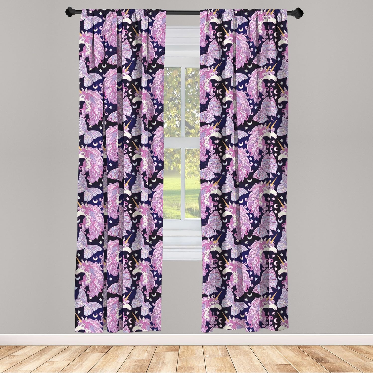 Ambesonne Unicorn Curtains, Mythical Animal with Colorful Mane Butterflies Stars Crescent Moons Fantasy World, Window Treatments 2 Panel Set for Living Room Bedroom, Pair of - 28" x 95", Lillac Purple