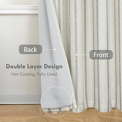 Vista 286 de DriftAway Cortinas opacas de mezcla de lino de 63 pulgadas de largo para dormitorio, cortinas de lino con estampado de rayas verticales, con Gris