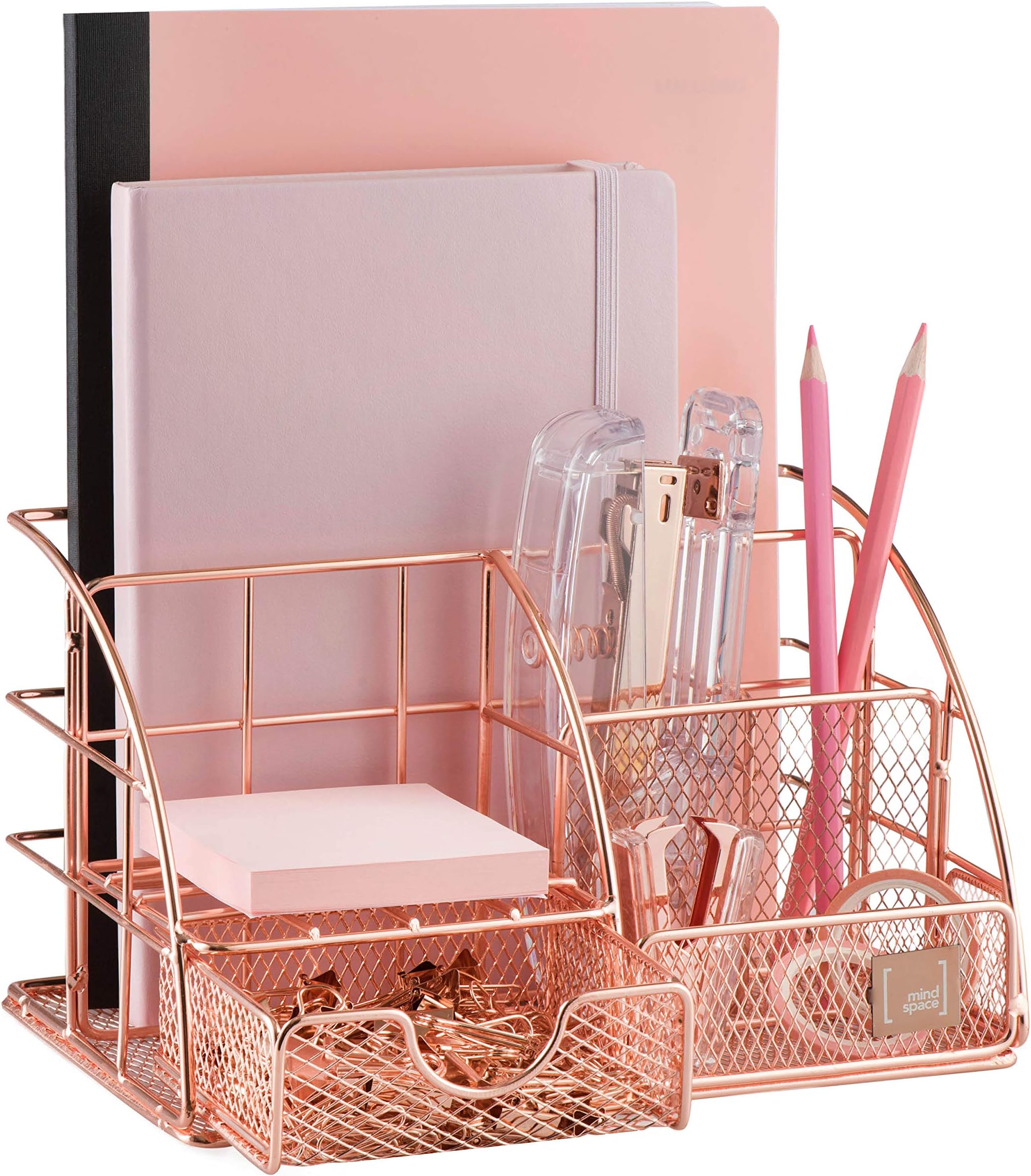 Mindspace Desk Organizer Rose Gold Pen Holder - Office Decor for Women, Desk Accessories, Desktop Organizer with 5 Compartments + Drawer | BONES Paper & Binder Clips Included, The Wire Collection